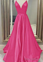 A-line V Neck Spaghetti Straps Long/Floor-Length Charmeuse Prom Dresses With Pockets