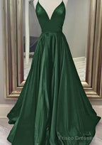 A-line V Neck Spaghetti Straps Long/Floor-Length Charmeuse Prom Dresses With Pockets