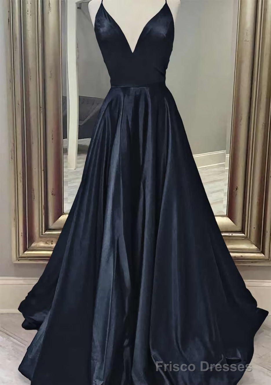 A-line V Neck Spaghetti Straps Long/Floor-Length Charmeuse Prom Dresses With Pockets Secondary image