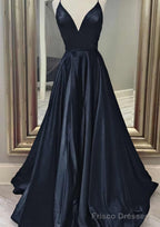 A-line V Neck Spaghetti Straps Long/Floor-Length Charmeuse Prom Dresses With Pockets