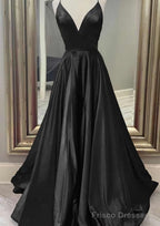 A-line V Neck Spaghetti Straps Long/Floor-Length Charmeuse Prom Dresses With Pockets