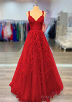 A-line V Neck Spaghetti Straps Long/Floor-Length Lace Prom Dresses With Beading