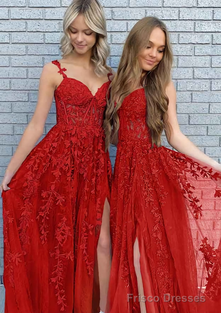 A-line V Neck Spaghetti Straps Long/Floor-Length Lace Prom Dresses With Split