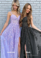 A-line V Neck Spaghetti Straps Long/Floor-Length Lace Prom Dresses With Split