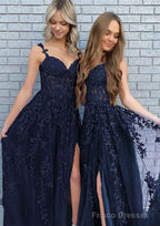 A-line V Neck Spaghetti Straps Long/Floor-Length Lace Prom Dresses With Split