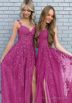 A-line V Neck Spaghetti Straps Long/Floor-Length Lace Prom Dresses With Split