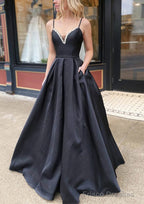 A-line V Neck Spaghetti Straps Long/Floor-Length Satin Prom Dresses With Beading Pockets