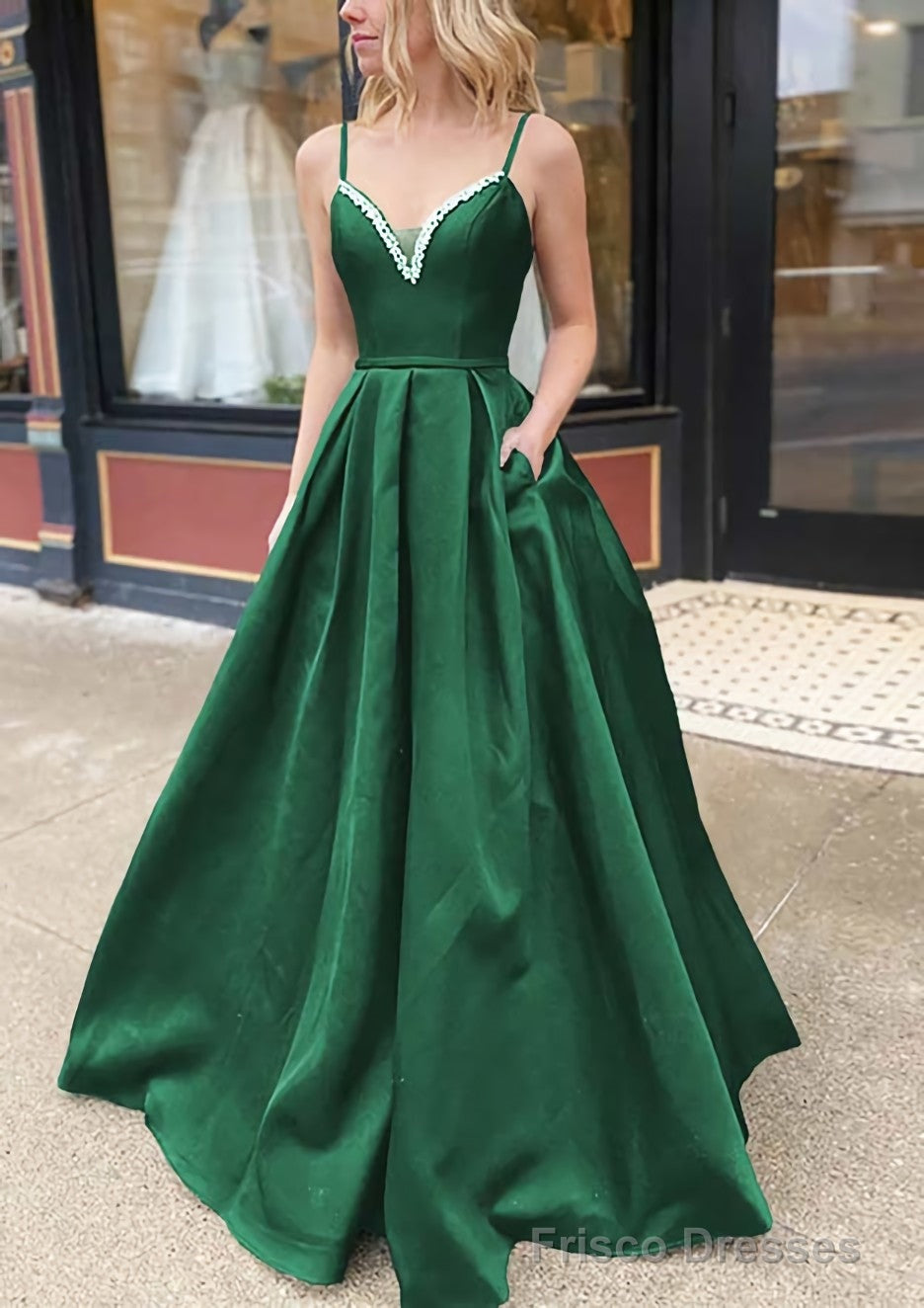 A-line V Neck Spaghetti Straps Long/Floor-Length Satin Prom Dresses With Beading Pockets