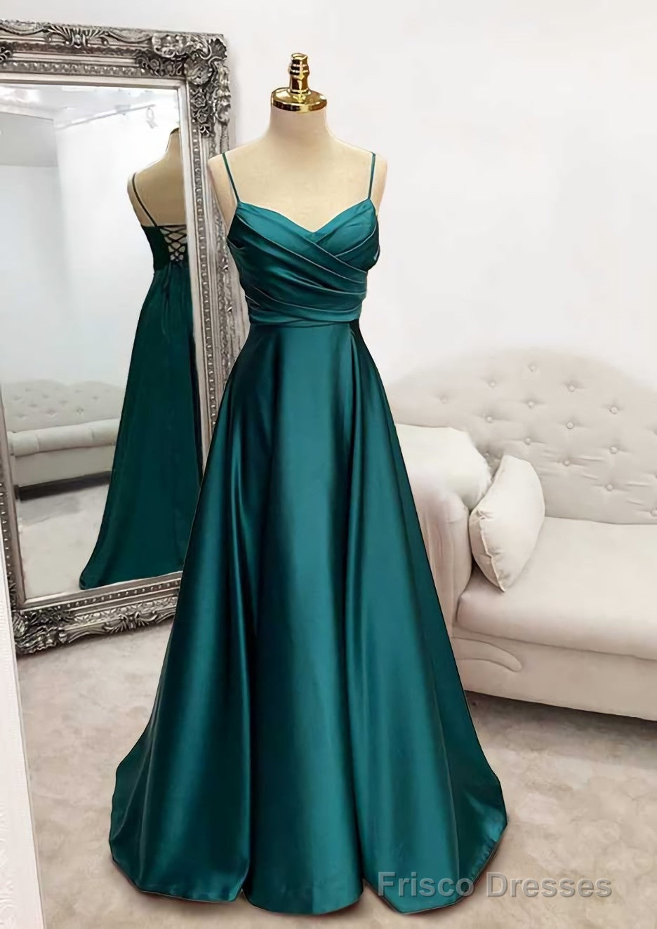 A-line V Neck Spaghetti Straps Long/Floor-Length Satin Prom Dresses With Pleated Main image