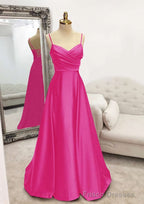 A-line V Neck Spaghetti Straps Long/Floor-Length Satin Prom Dresses With Pleated