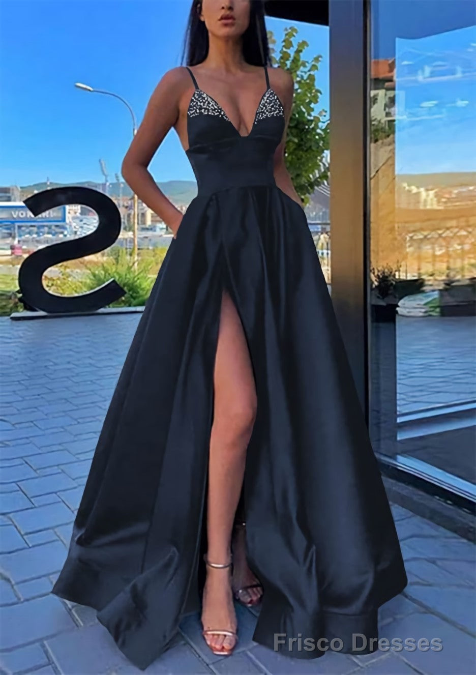 A-line V Neck Spaghetti Straps Long/Floor-Length Satin Prom Dresses With Split Pockets Beading Secondary image
