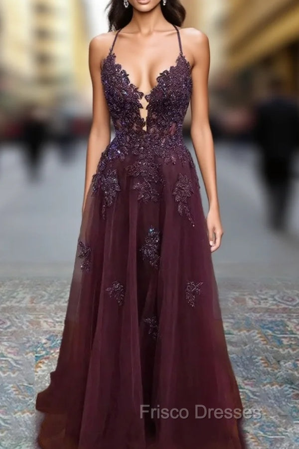 Tulle Cabernet Formal Prom Dress A-line V Neck Spaghetti Straps Long/Floor-Length With Beading Sequins Appliqued