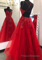 A-line V Neck Spaghetti Straps Long/Floor-Length Tulle Formal Prom Dresses With Appliqued Beading