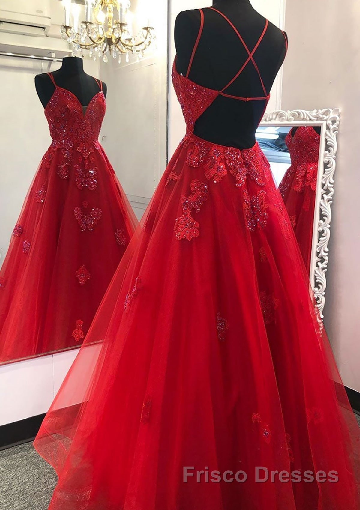 A-line V Neck Spaghetti Straps Long/Floor-Length Tulle Formal Prom Dresses With Appliqued Beading