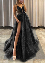 A-line V Neck Spaghetti Straps Long/Floor-Length Tulle Prom Dresses With Appliqued Glitter Split Left