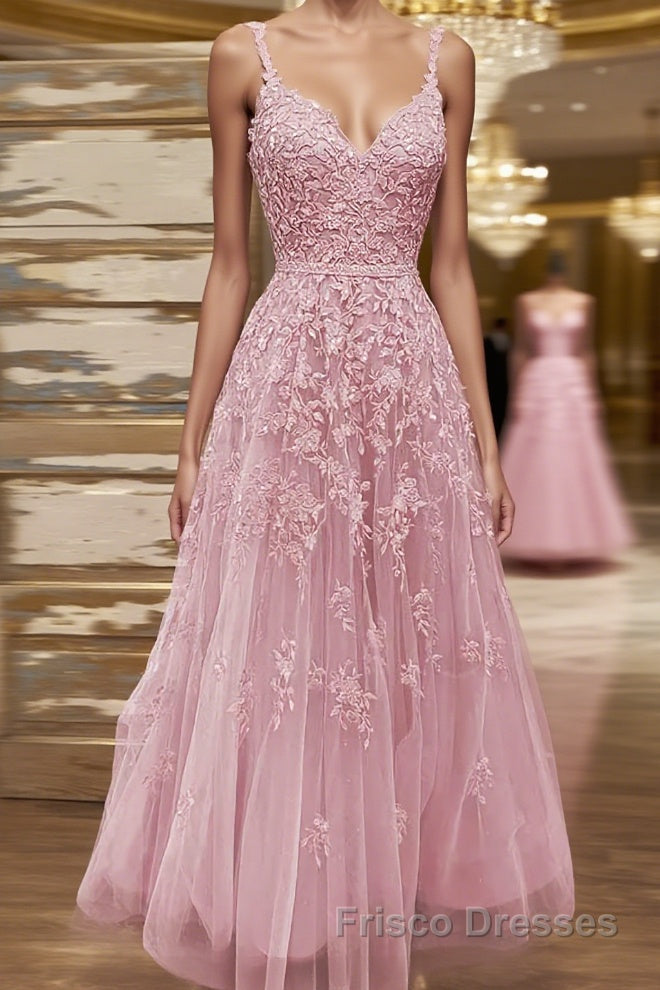 A-line V Neck Spaghetti Straps Long/Floor-Length Tulle Formal Prom Dresses With Beading Lace Pockets Sequins Main image