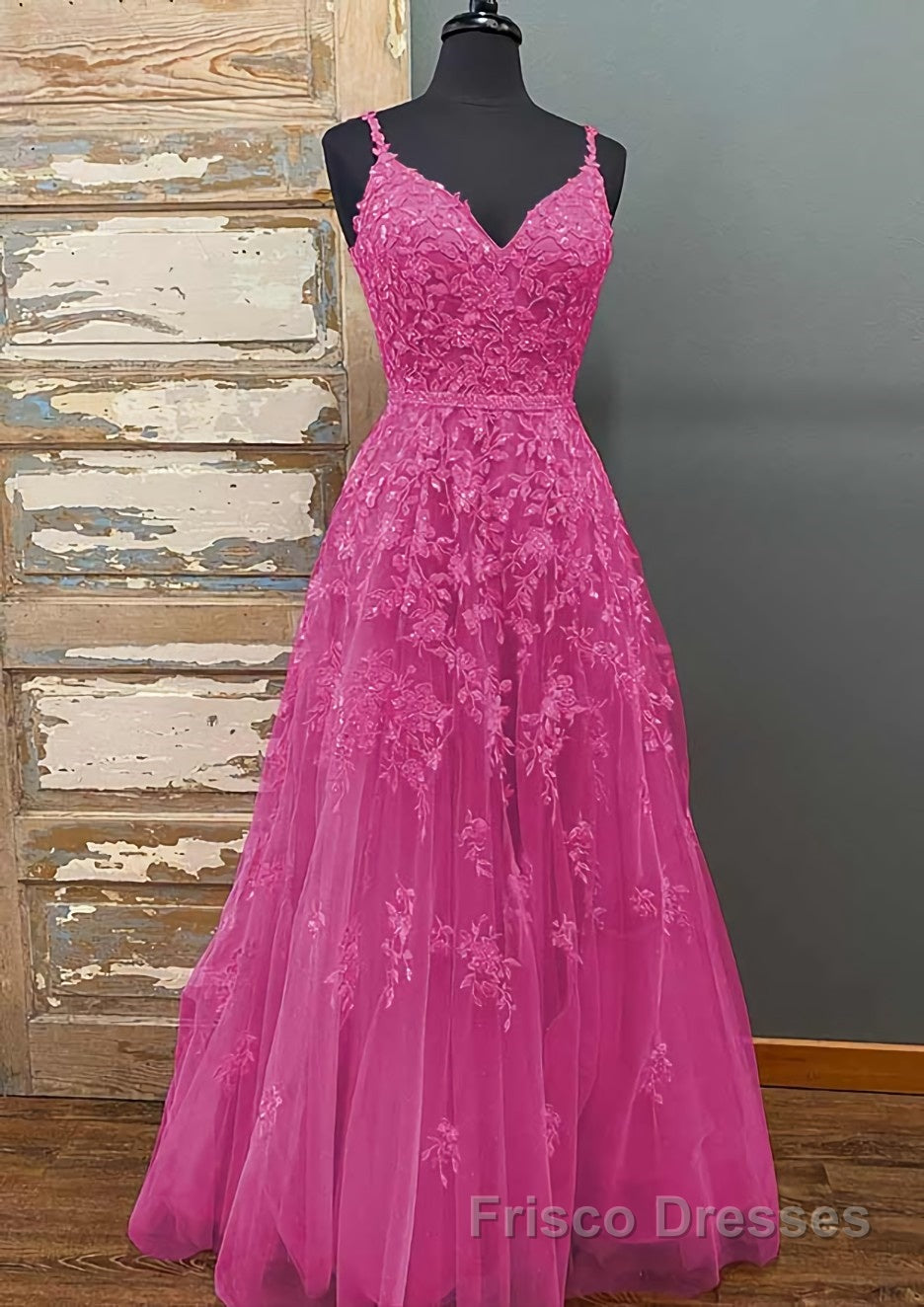 A-line V Neck Spaghetti Straps Long/Floor-Length Tulle Formal Prom Dresses With Beading Lace Pockets Sequins
