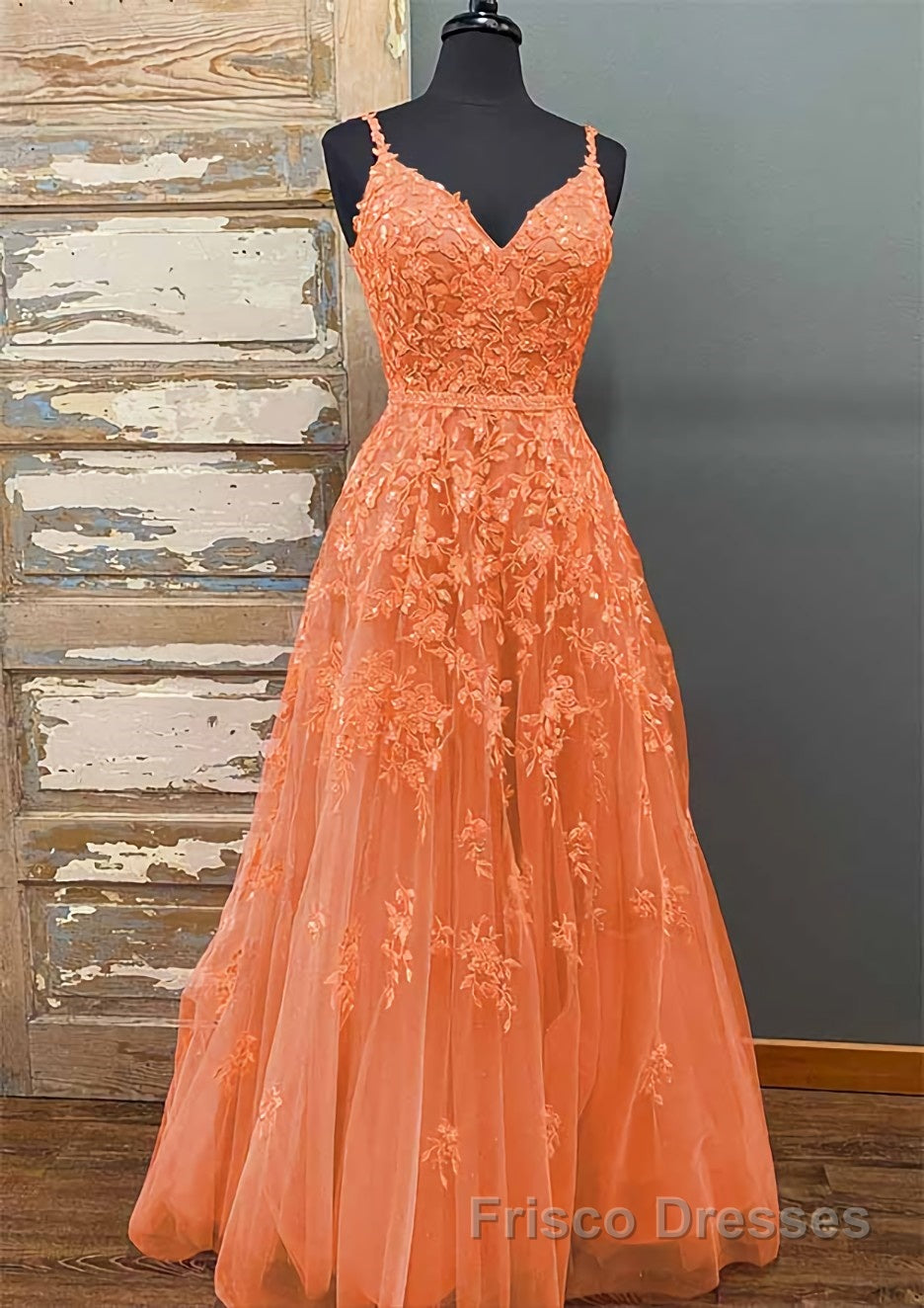 A-line V Neck Spaghetti Straps Long/Floor-Length Tulle Formal Prom Dresses With Beading Lace Pockets Sequins