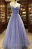 A-line V Neck Spaghetti Straps Long/Floor-Length Tulle Formal Prom Dress With Beading Sequins