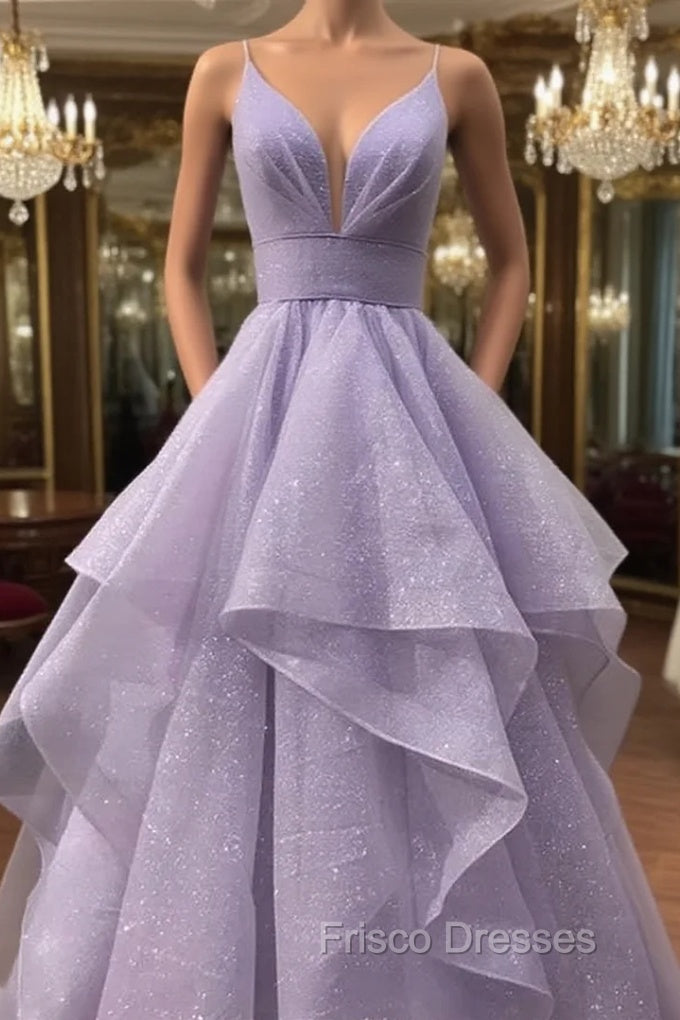 A-line V Neck Spaghetti Straps Long/Floor-Length Tulle Formal Prom Dress With Pleated Glitter Main image