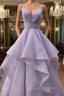 A-line V Neck Spaghetti Straps Long/Floor-Length Tulle Formal Prom Dress With Pleated Glitter