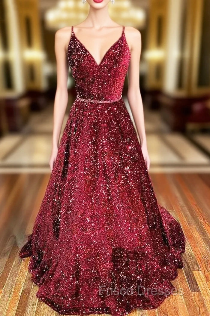 A-line V Neck Spaghetti Straps Long/Floor-Length Velvet Sequins Formal Prom Dress With Beading