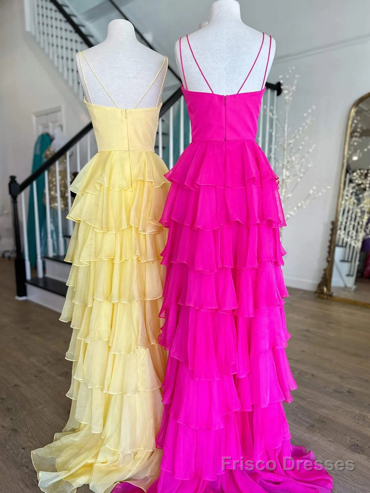 A Line V Neck Spaghetti Straps Pink Yellow Blue Layered Prom Dresses, Layered Long Formal Evening Dresses Secondary image