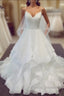 A-line V Neck Spaghetti Straps Puffy White Long Wedding Dress
