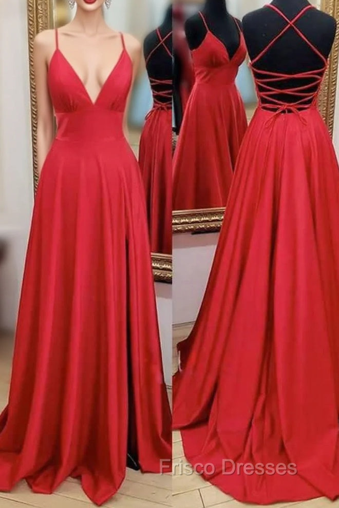 A-line V Neck Spaghetti Straps Sweep Train Charmeuse Formal Prom Dress With Pleated Split Main image