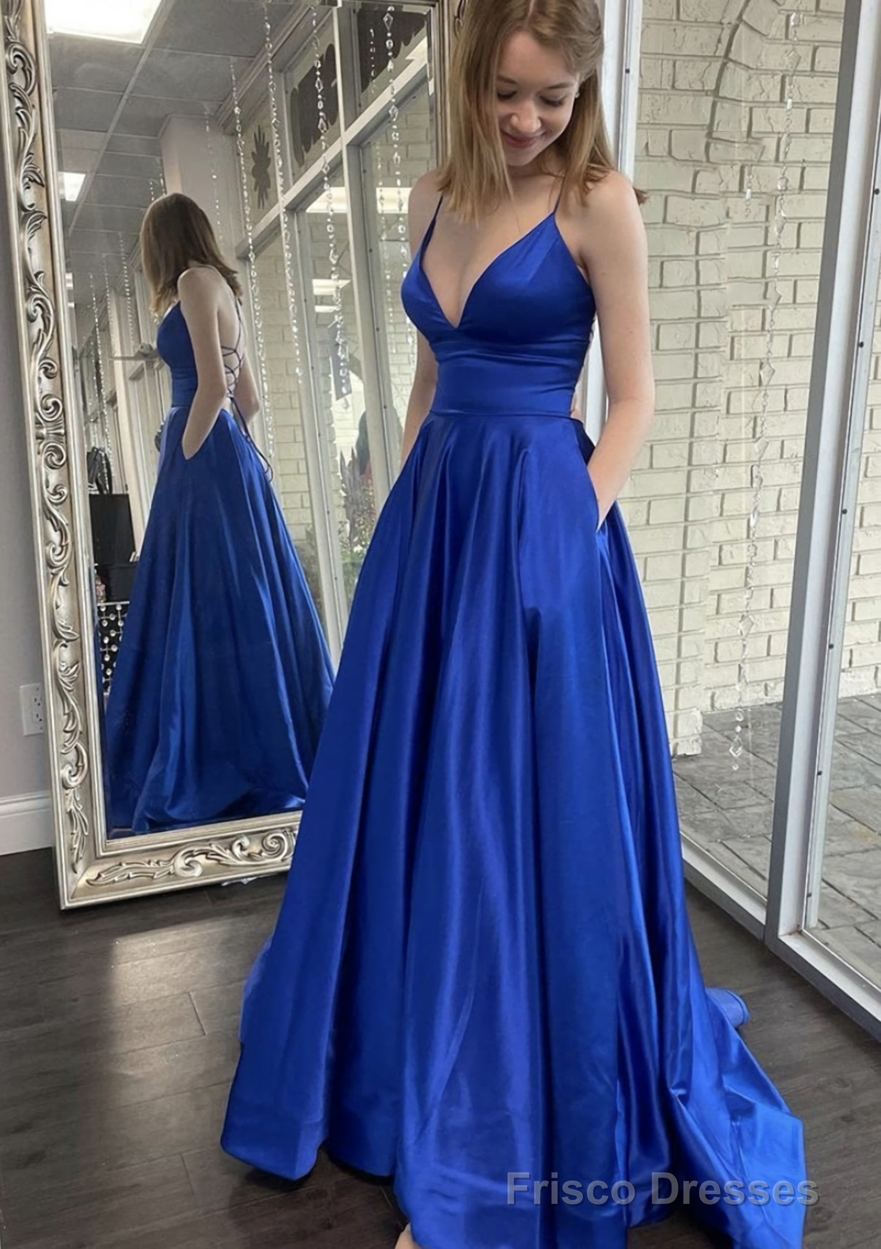 A-line V Neck Spaghetti Straps Sweep Train Charmeuse Prom Dresses With Pockets Main image
