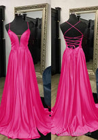 A-line V Neck Spaghetti Straps Sweep Train Charmeuse Prom Dresses With Split