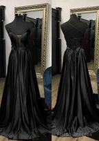 A-line V Neck Spaghetti Straps Sweep Train Charmeuse Prom Dresses With Split