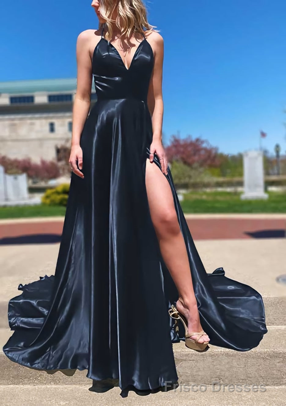 A-line V Neck Spaghetti Straps Sweep Train Charmeuse Prom Dresses With Split Secondary image