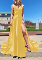A-line V Neck Spaghetti Straps Sweep Train Charmeuse Prom Dresses With Split