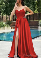 A-line V Neck Spaghetti Straps Sweep Train Satin Prom Dresses With Appliqued Beading Pleated Split