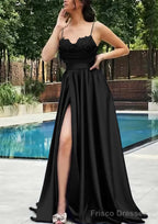A-line V Neck Spaghetti Straps Sweep Train Satin Prom Dresses With Appliqued Beading Pleated Split