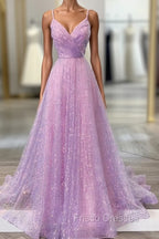 Unique Formal Prom Dress, A-line V Neck Spaghetti Straps Sweep Train Sequined Formal Prom Dress With Pleated