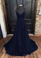 A-line V Neck Spaghetti Straps Sweep Train Tulle Prom Dresses With Appliqued