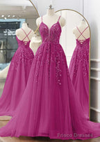 A-line V Neck Spaghetti Straps Sweep Train Tulle Prom Dresses With Appliqued Beading