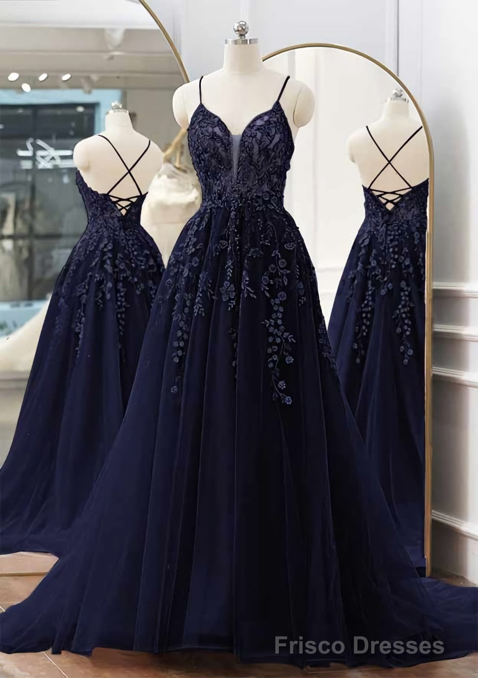 A-line V Neck Spaghetti Straps Sweep Train Tulle Prom Dresses With Appliqued Beading Secondary image