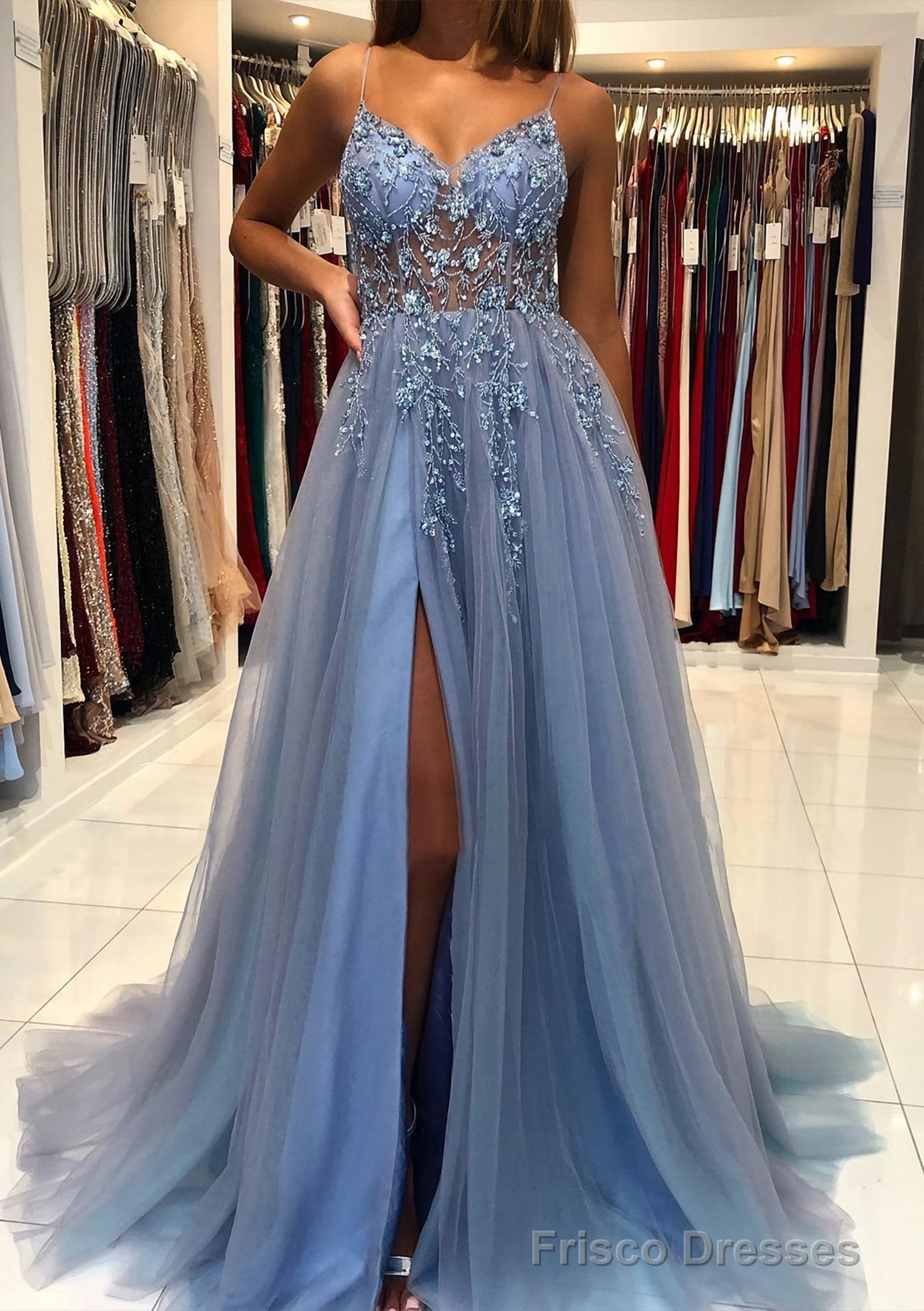 A-line V Neck Spaghetti Straps Sweep Train Tulle Prom Dresses With Beading Sequins Split Main image