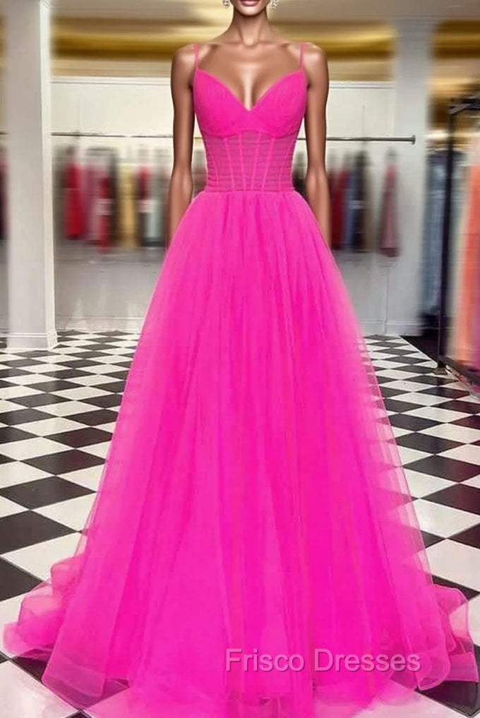 A-line V Neck Spaghetti Straps Sweep Train Tulle Formal Prom Dress With Pleated