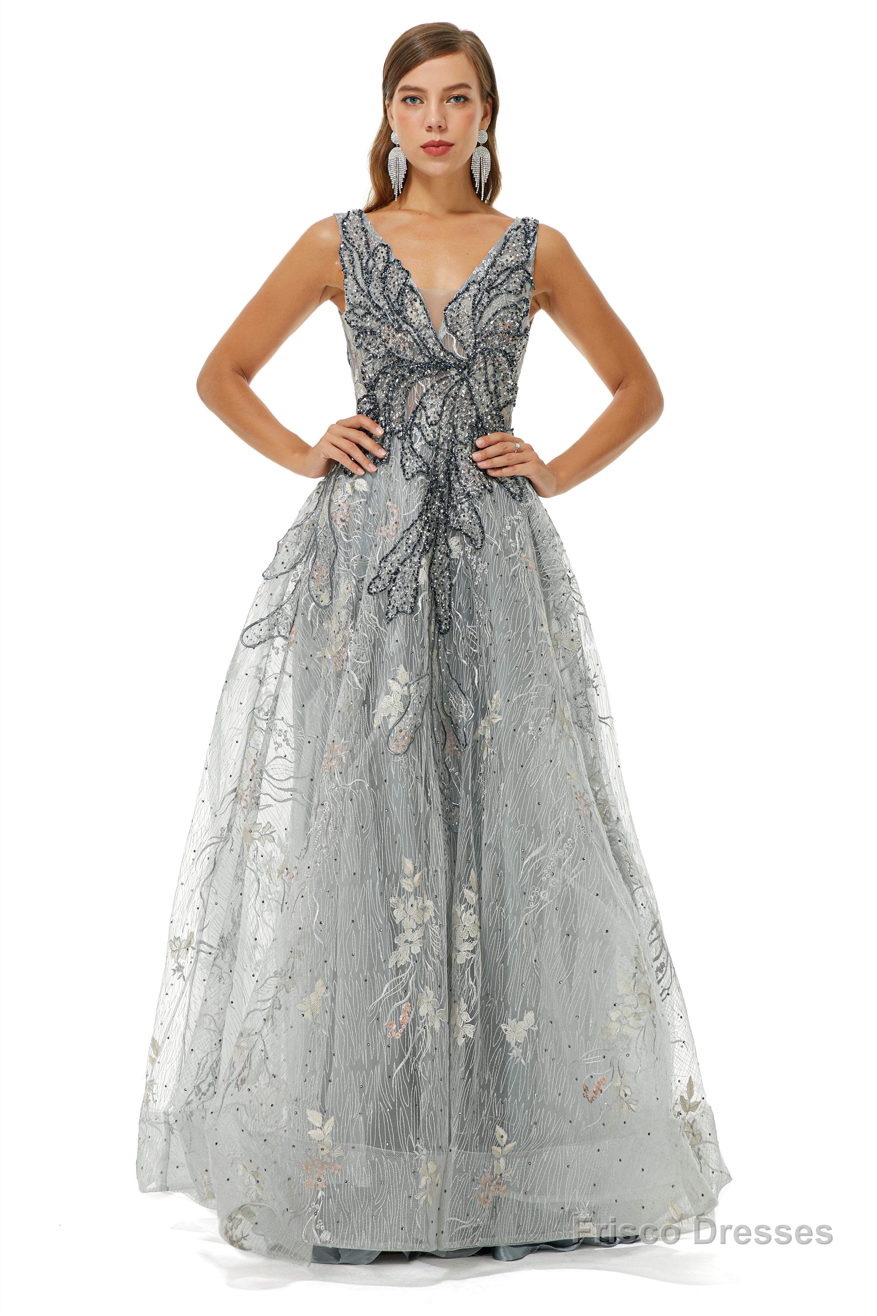 A-line V-neck Strap Lace Sequined Beaded Open Back Floor-length Prom Dresses Main image