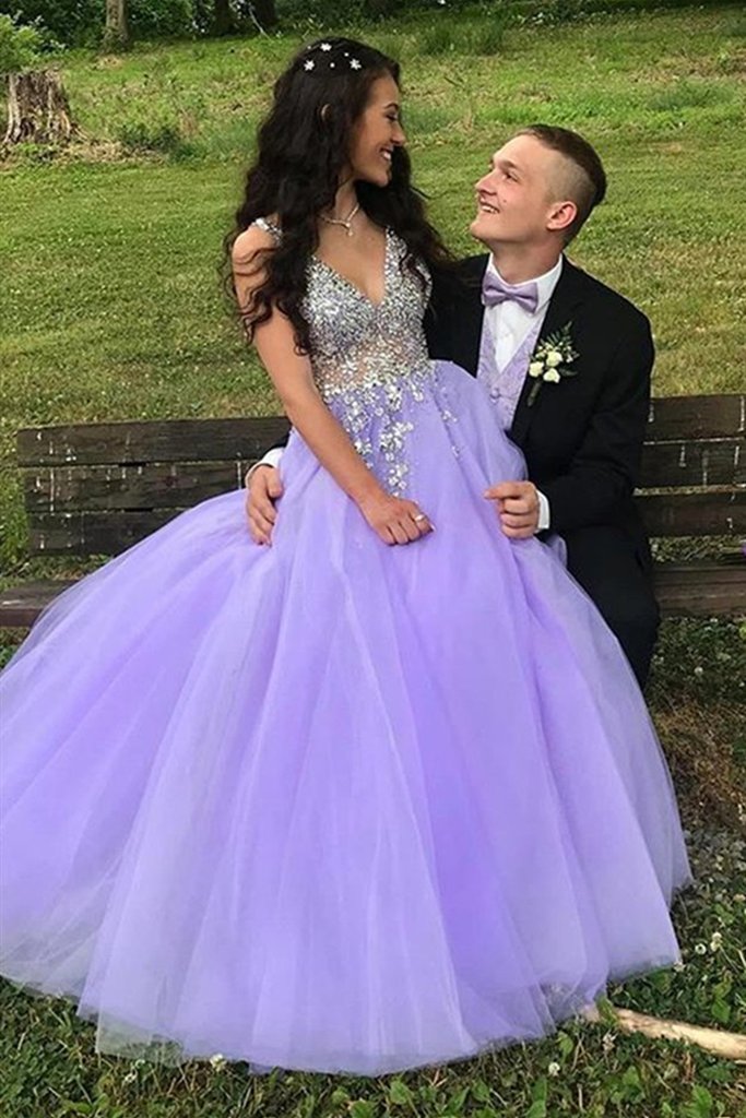 A-Line V-Neck Sweep Train Beaded Prom Dress Secondary image