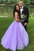 A-Line V-Neck Sweep Train Beaded Prom Dress