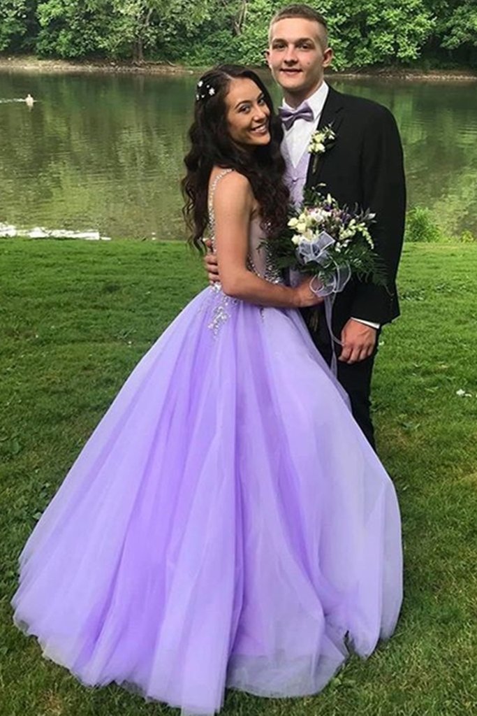 A-Line V-Neck Sweep Train Beaded Prom Dress