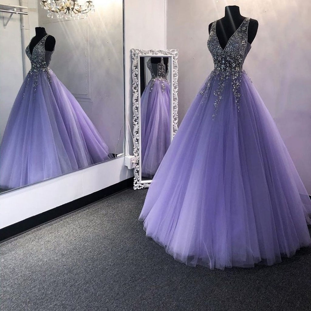 A-Line V-Neck Sweep Train Beaded Prom Dress