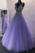 A-Line V-Neck Sweep Train Beaded Prom Dress