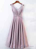 A Line V Neck Tea Length Gray/Pink Prom Dresses, Shiny Tea Length Formal Dresses