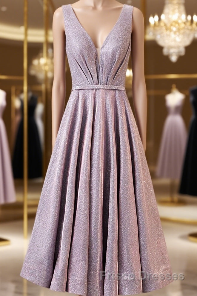A Line V Neck Tea Length Formal Prom Dresses, Shiny Tea Length Formal Evening Dresses